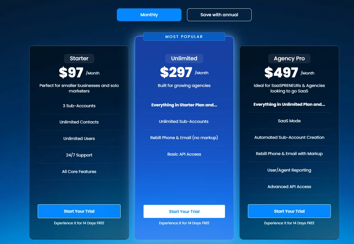 Grille tarifaire officielle GoHighLevel : Starter 97 $, Unlimited 297 $, Agency Pro 497 $ par mois