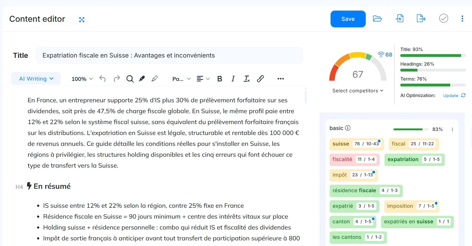 Éditeur de contenu NeuronWriter : score de 67/100, répartition title/headings/terms et termes sémantiques recommandés