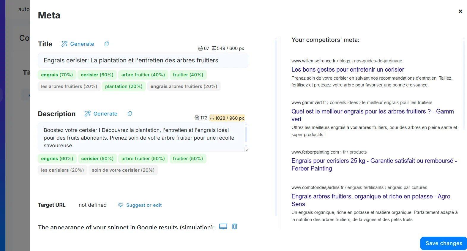 Génération automatique des balises title et meta description par l'IA de NeuronWriter, avec suggestions de mots-clés