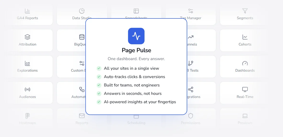 Page Pulse : un dashboard unique pour tous les sites, tracking automatique des clics et conversions, insights IA