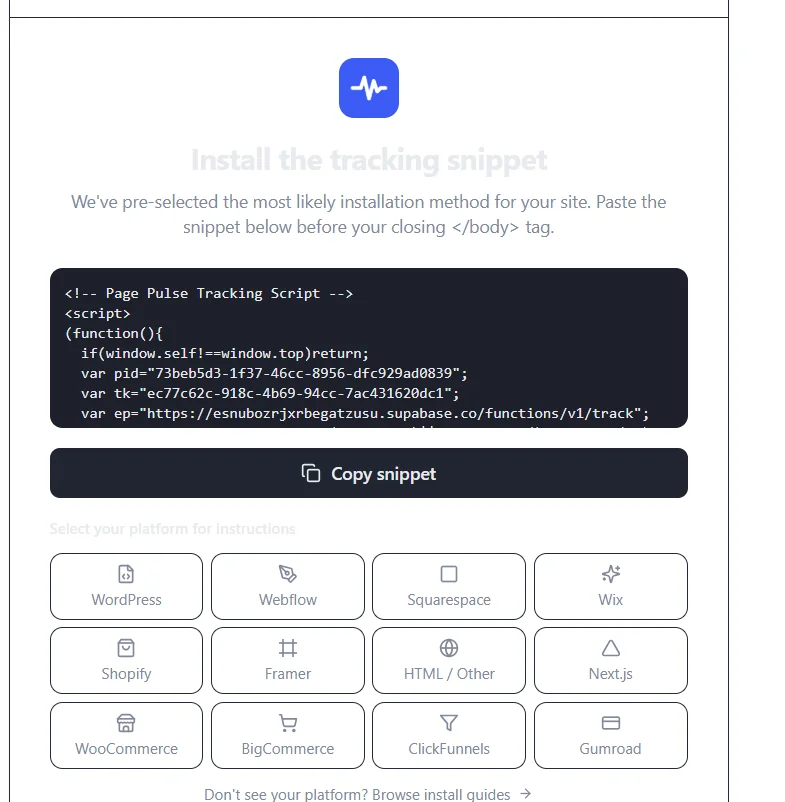 Script de tracking Page Pulse à coller avant la balise body, avec instructions par plateforme