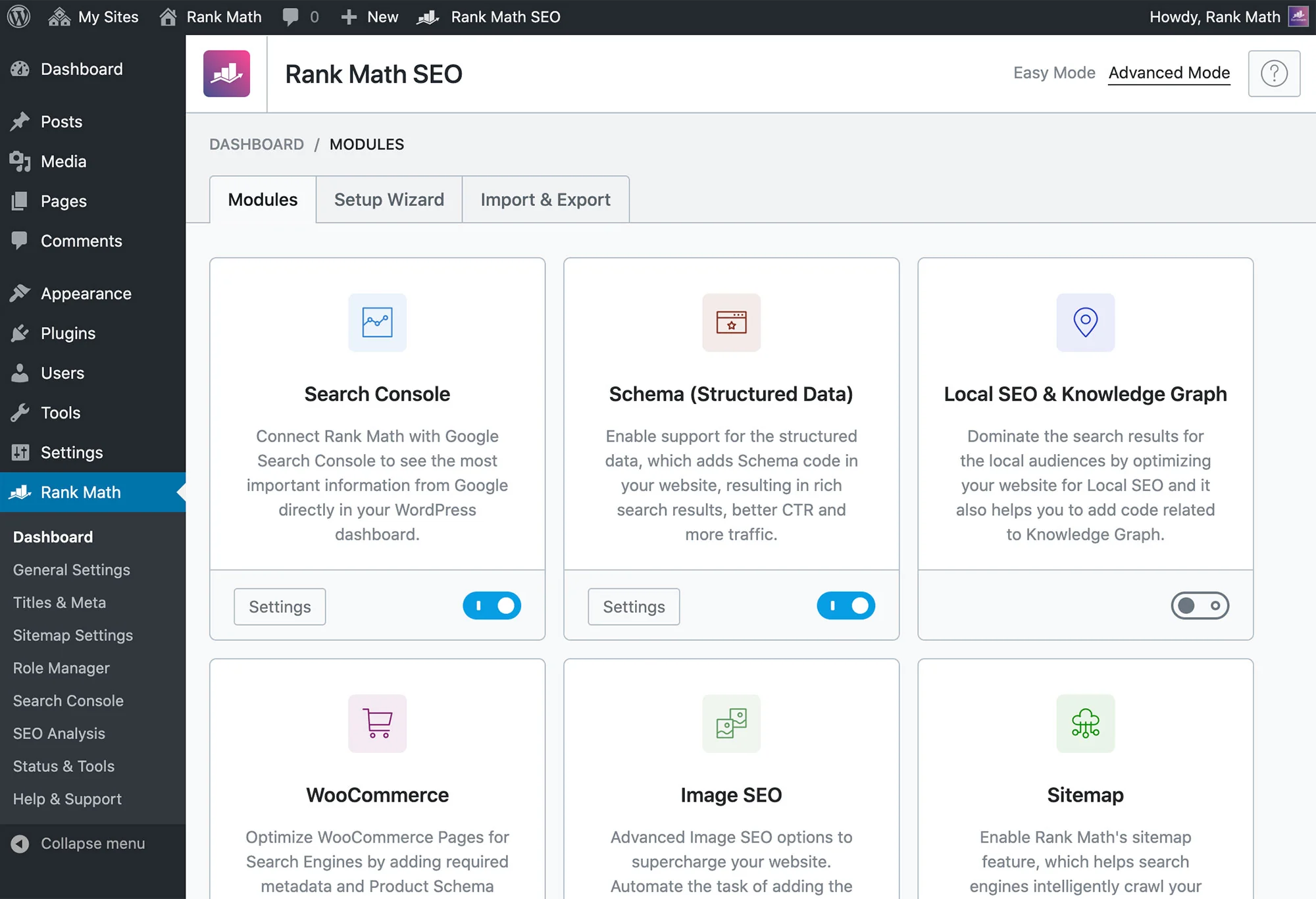 Page des modules Rank Math : Search Console, Schema, Local SEO, WooCommerce, Image SEO, Sitemap activables à la carte