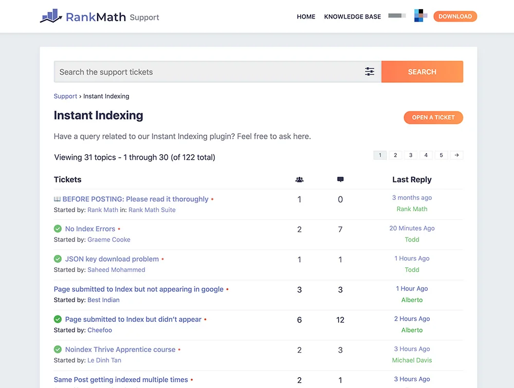 Espace support Rank Math dédié à la fonctionnalité Instant Indexing, avec plus de 120 fils de discussion