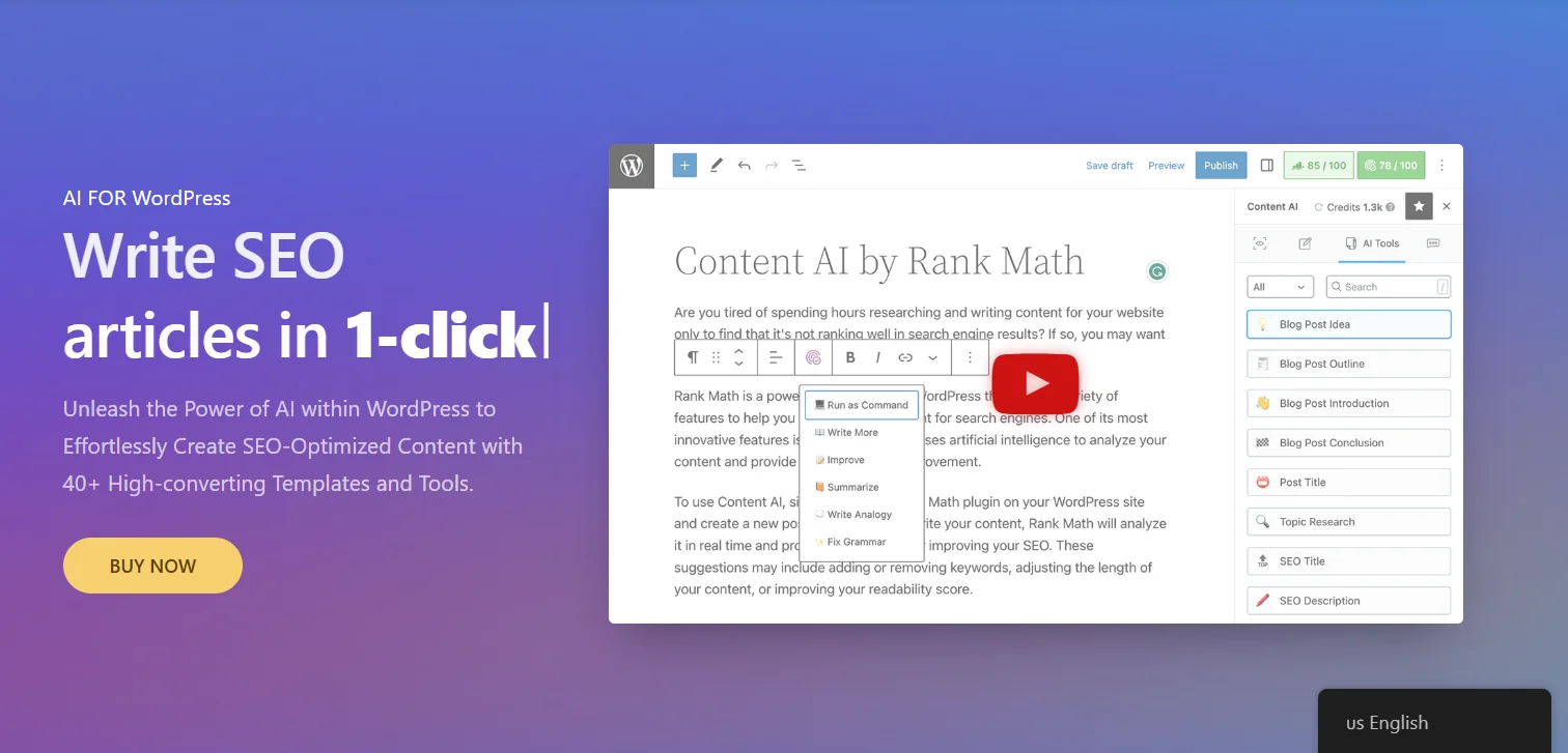 Module Content AI de Rank Math dans l'éditeur WordPress, avec suggestions de rédaction et d'optimisation SEO