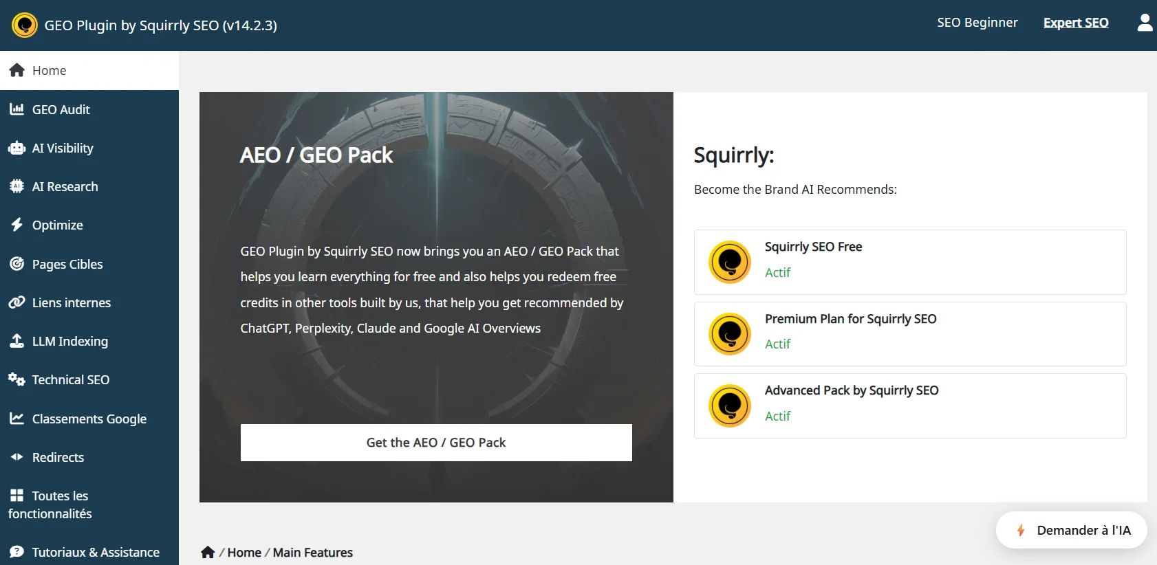 Tableau de bord Squirrly SEO avec module AEO/GEO Pack : sections AI Visibility, GEO Audit et LLM Indexing pour être recommandé par ChatGPT, Perplexity, Claude et Google AI Overviews